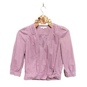 Madewell Gingham Wrap Cross Over Surplice V Neck Cotton Top Red White  xs